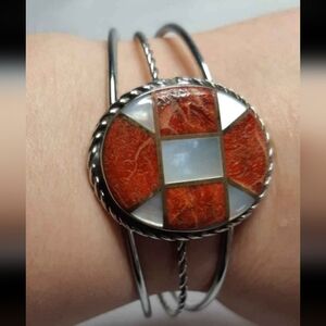 Silver, Coral and Mother of Pearl Cuff Bracelet